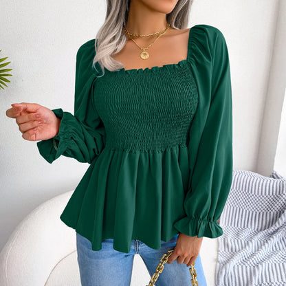 Women Chiffon Blouse 2023 Long Sleeve Casual Ruffles Peplum Top White Red Green Blue Black