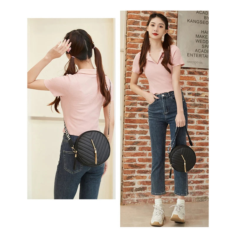 Women PU Small Round Bag Simple Light Luxury Diamond Pattern Shoulder Bag Embroidered Thread Wide Strap Fashion Crossbody