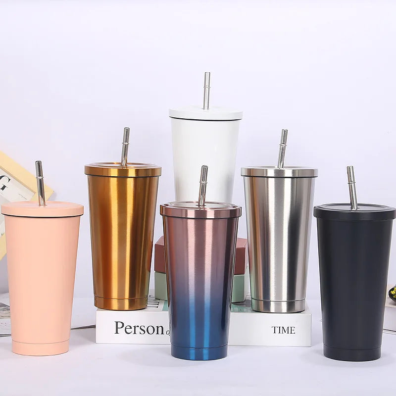 New Vacuum Insulated Mug Stainless Steel Thermos Cup Car Coffee Drinking Cup With Straw