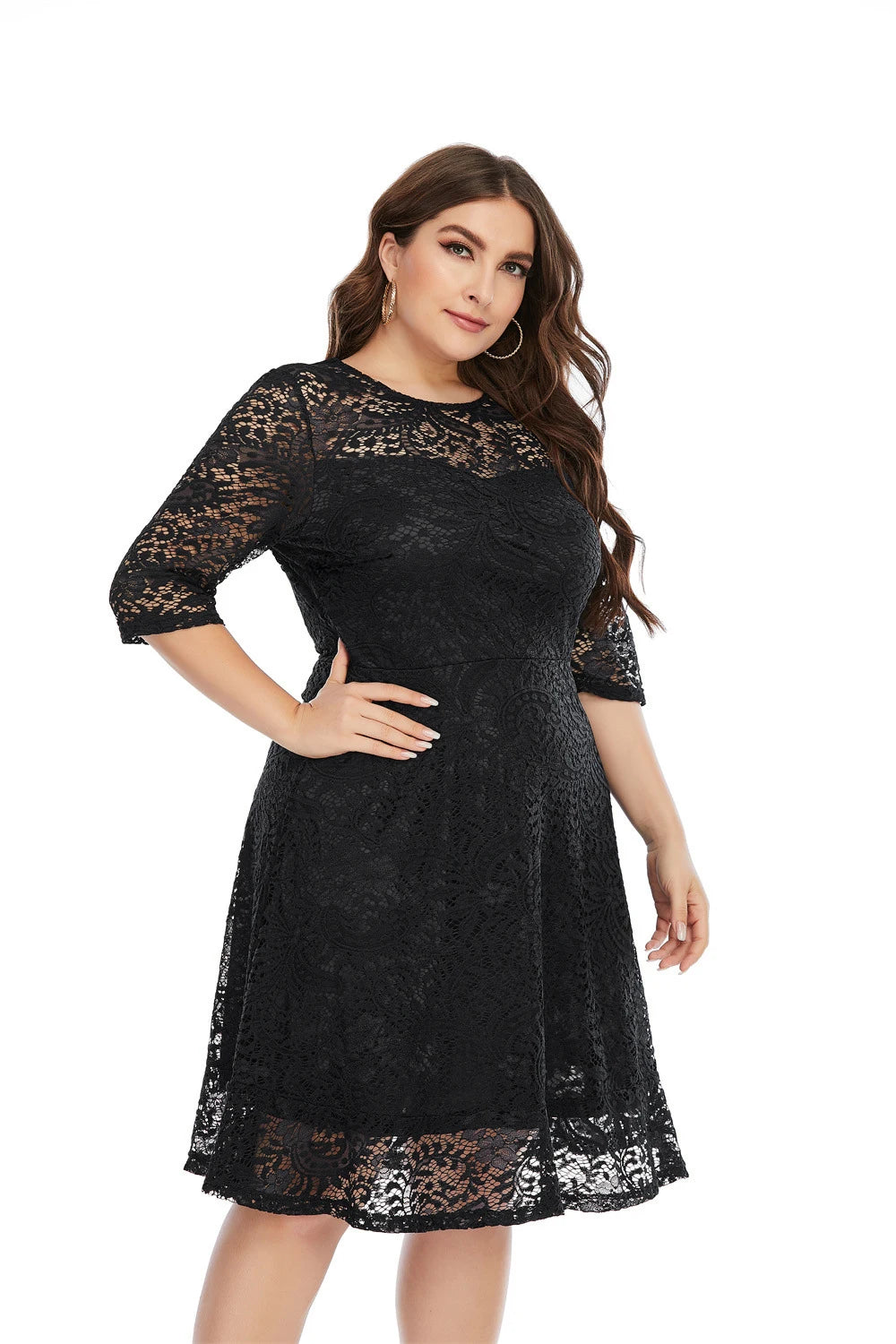 Plus Size Contrast Lace Semi Sheer 3/4 Sleeve Midi Dress, Women&