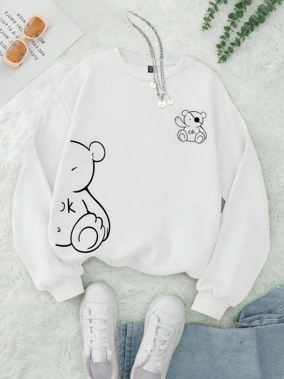 Kawaii OK Teddy bear Printing Sweatshirts For Women Classic Retro Fashion Hoodies Fleece Warm Casual Clothes Loose Sportswear