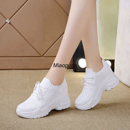 Hidden Heels White Women Spring Breathable Mesh Casual Platform Sneakers Surface Shoes 2023 New Thick Bottom Footwear Round Head