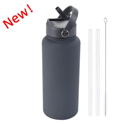 1L WATER BOTTLE Sports Double Thickened Stainless Steel Large Capacity American Large Mouth Portable Handle Straw Thermos CUP