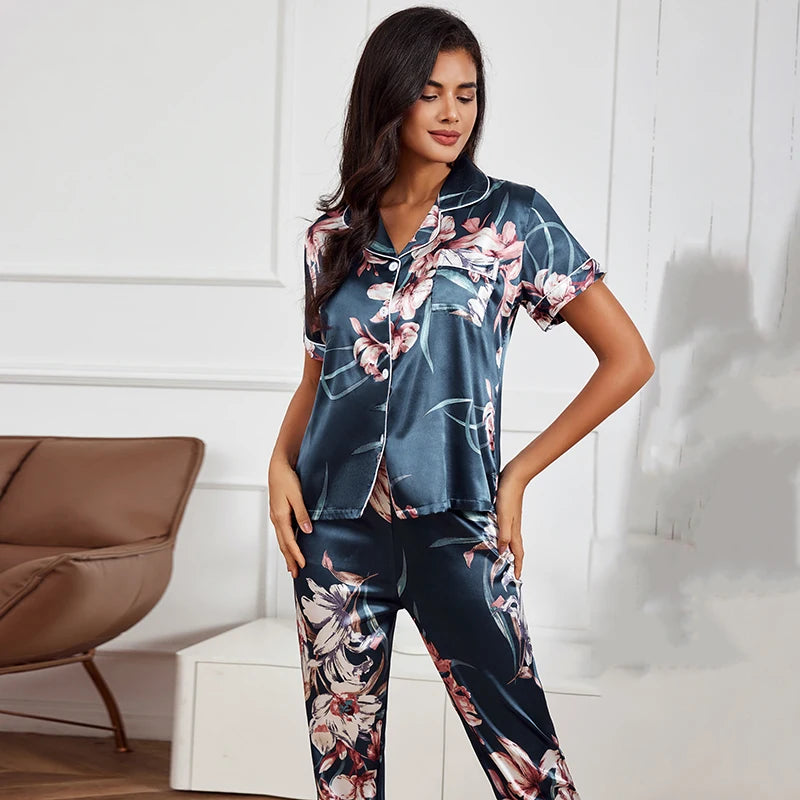 Pajamas For Women Silk Satin Sleepwear Spring Long Sleeve Top With Trouser Homewear Pyjama Flower Print Pajama Pants Lounge Sets