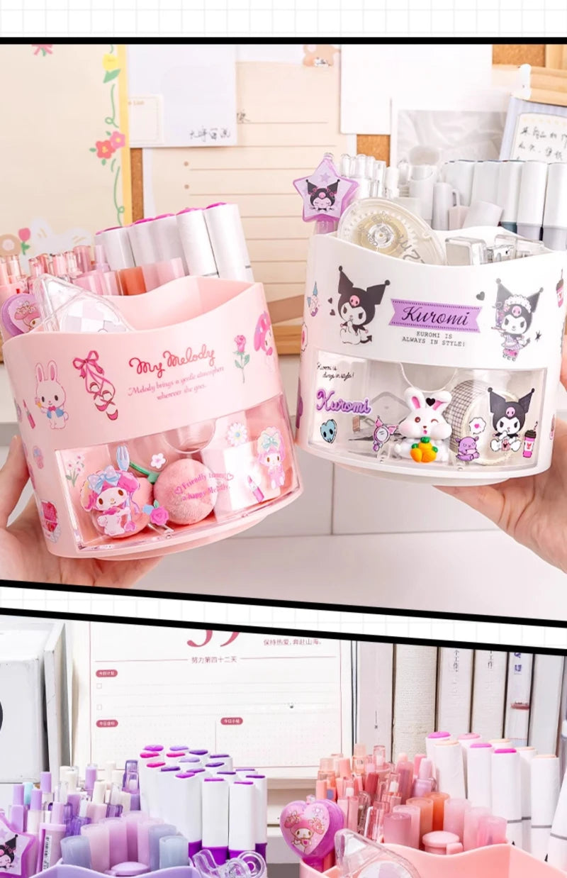 Miniso Sanrio Rotating Pen Holder Storage Box Desk Organizer &amp; Kawaii Sanrio Cinnamoroll Stickers Cute Stationery Storage Girls