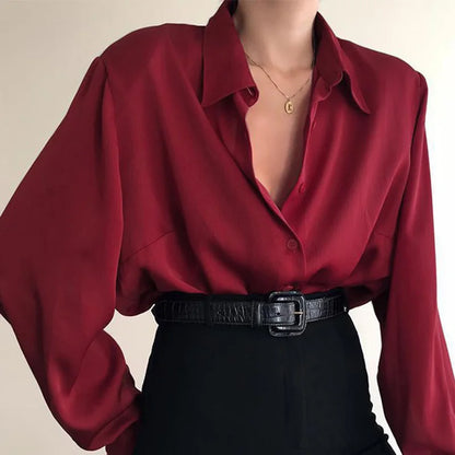 Women Button Blouses Turn Down Collar Shirts Office Lady Long Sleeve Casual Blouse Loose OL Shirt Baggy Tops Red/Wine Red /Black