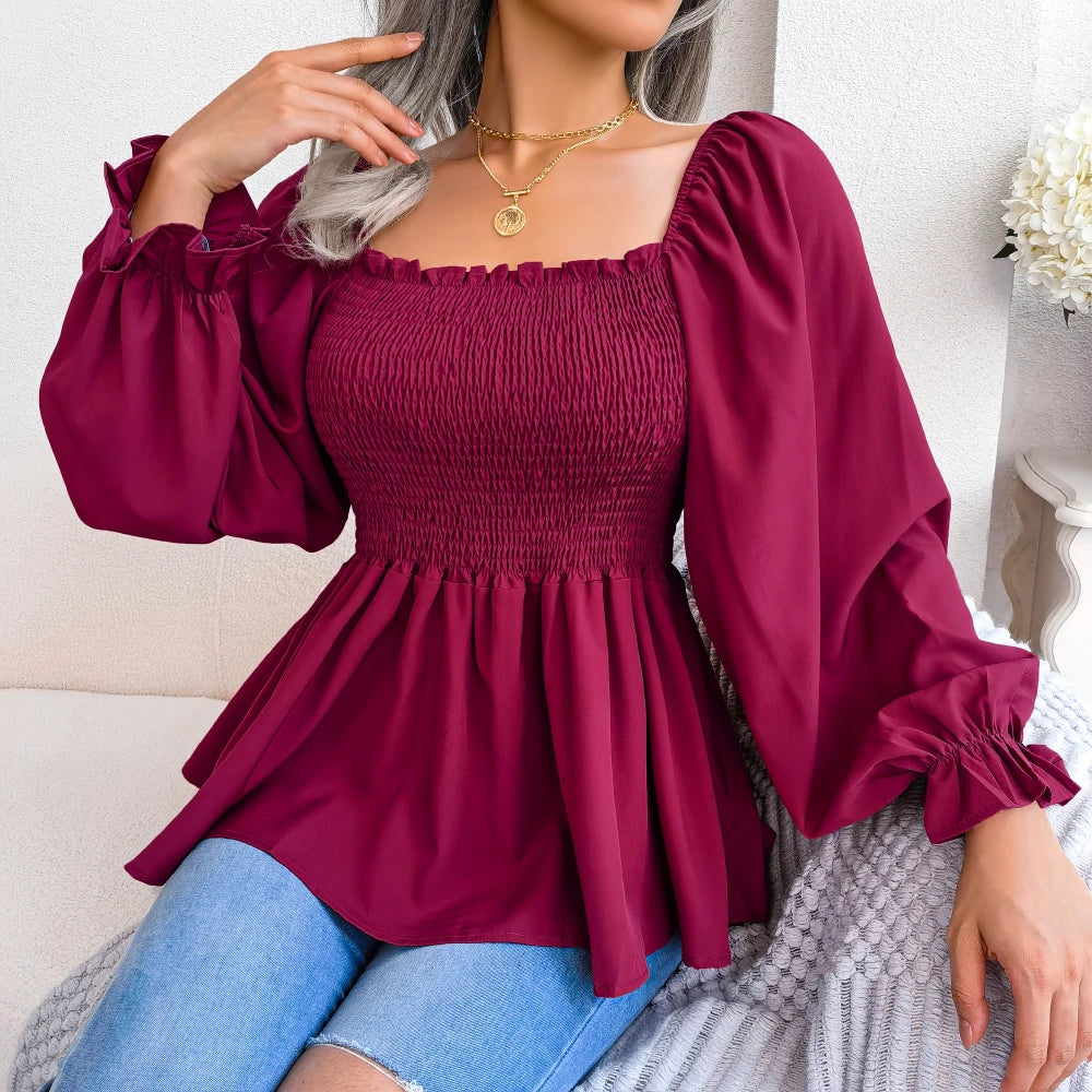 Women Chiffon Blouse 2023 Long Sleeve Casual Ruffles Peplum Top White Red Green Blue Black