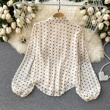 Beige Polka Dot Bow Neck Elegant Chiffon Long Sleeve Loose Women&