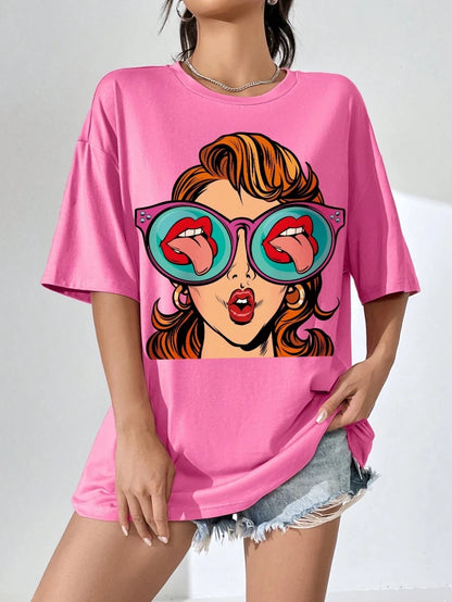 Cartoon Pattern Printed Cotton Women T-Shirts Casual O-Neck Breathable Soft Short Sleeve Tops Loose Comfortable Street Clothes