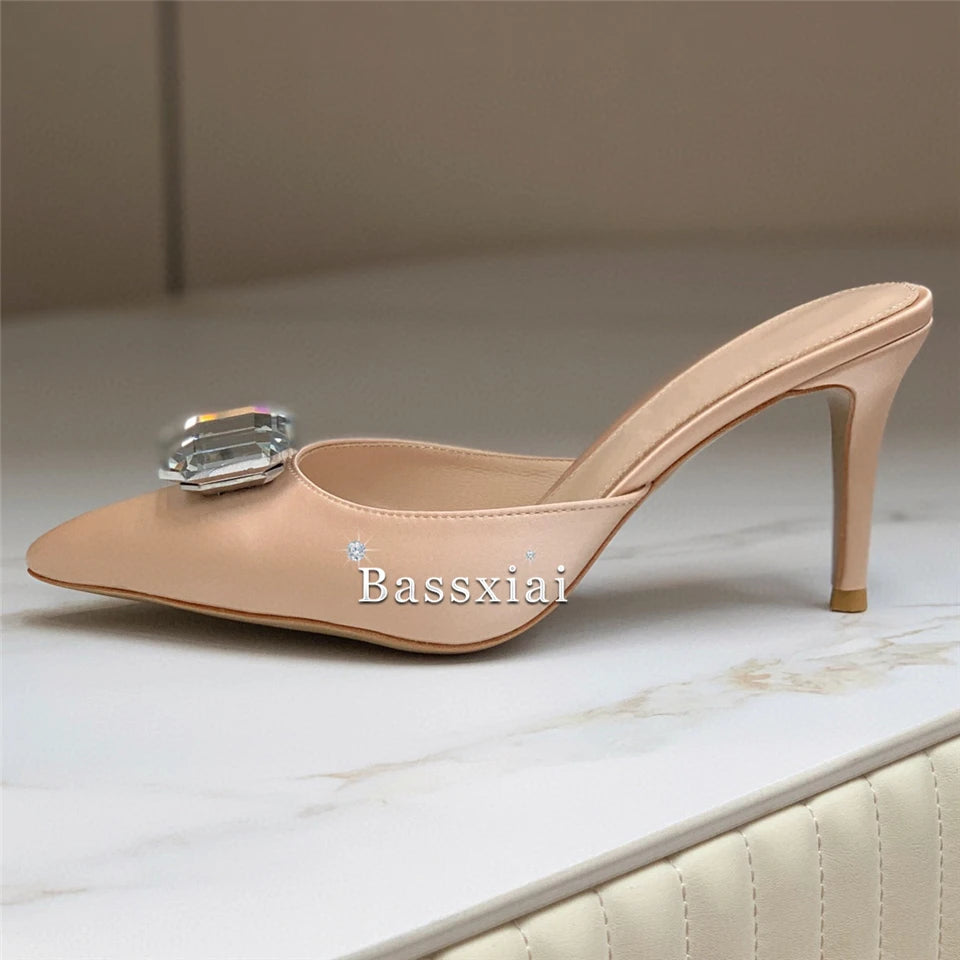 2024 Big Rhinestone Buckle Decor Women Sandals 8cm Thin High Heel Sexy Pointed Toe Luxury Satin Slingbacks Summer Mules