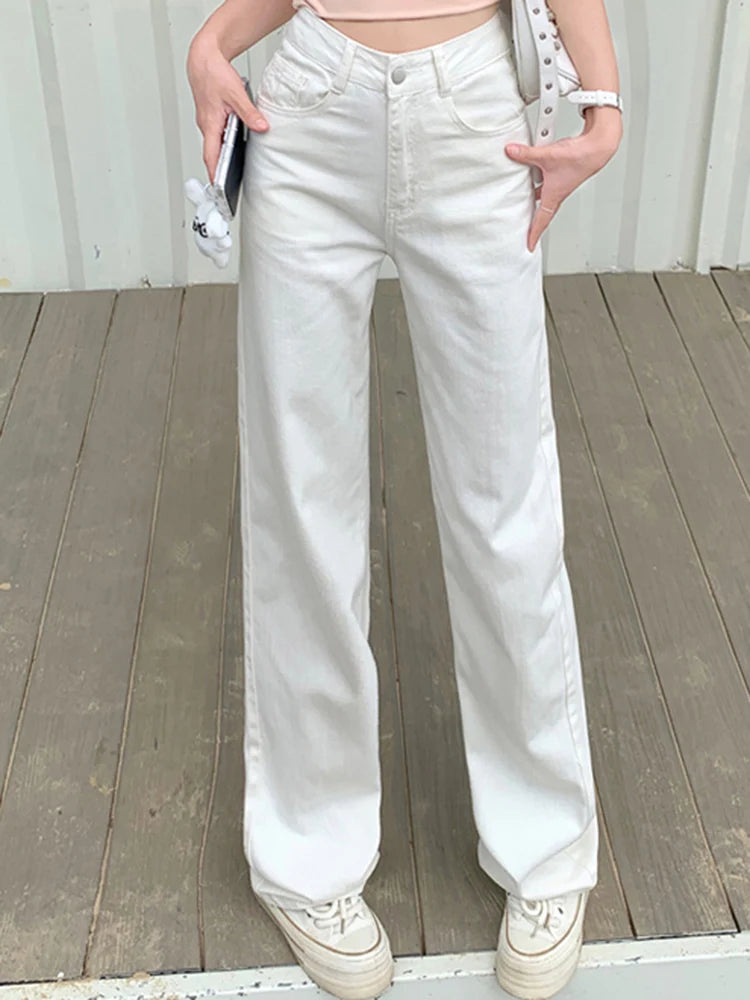 Female High Waist Loose Wide Leg Jeans Lady Non Strech Straight Leg Pants Girls White Light Blue Deep Blue Korean Denim Trousers