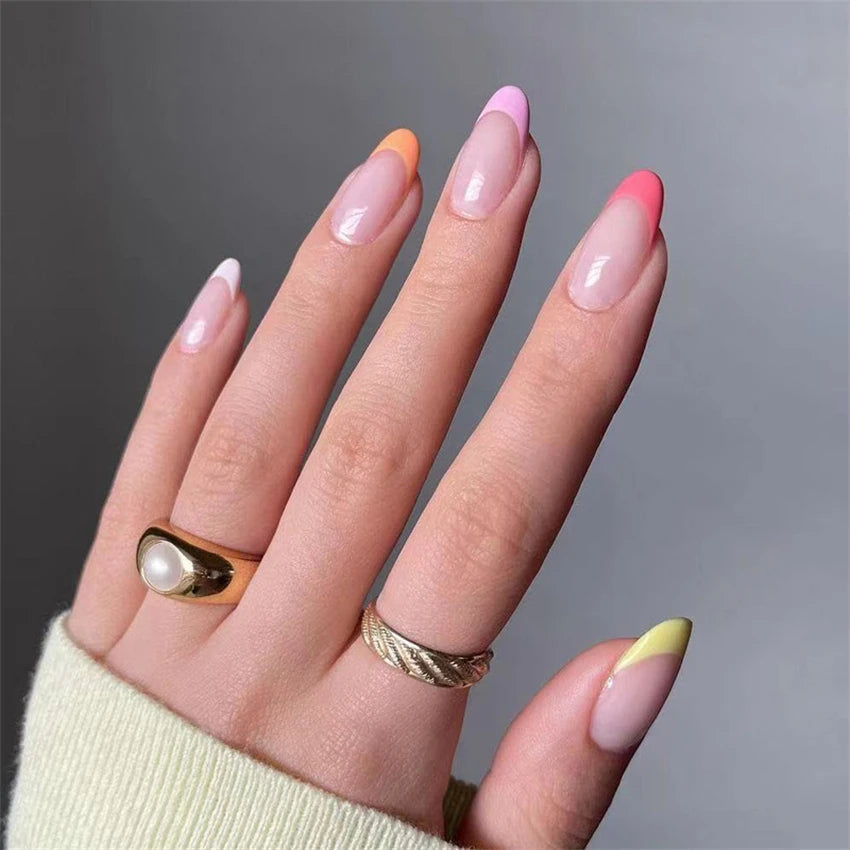 24Pcs/Lot Oval Almond Fake Nails Collection Full Cover Acrylic Press on Nails Art Removable Reusable Wearing False Nails Tips