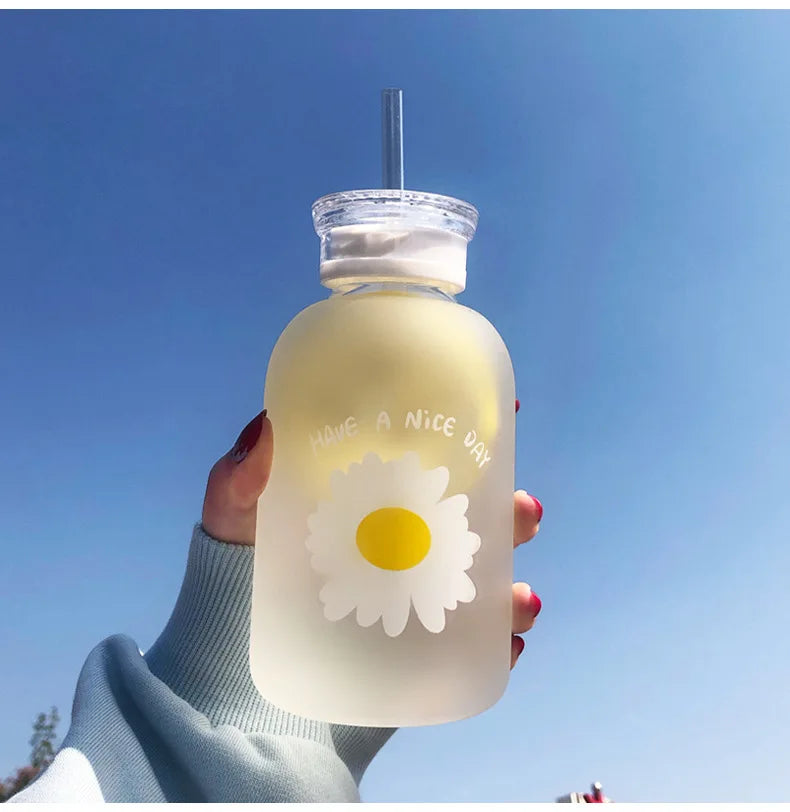 480ml Water Bottle Small Daisy Milk Juice Cute Kawaii Frosted Glass Bottle with Straw Drinking Cups with Scale 2 Lids