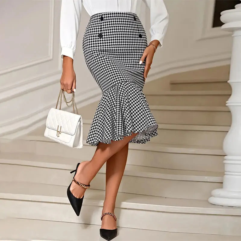 Elegant Houndstooth Printed Knee Length Skirts Women Fashion High Waist Slim Skirts Ladies Elegant Houndstooth Printed Knee Leng