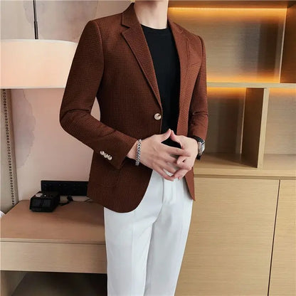 Man Suits and Blazers White Business Coats Dress Jackets Waffle Jacket for Men Clothing Korean Style Clothes Simple Breasted