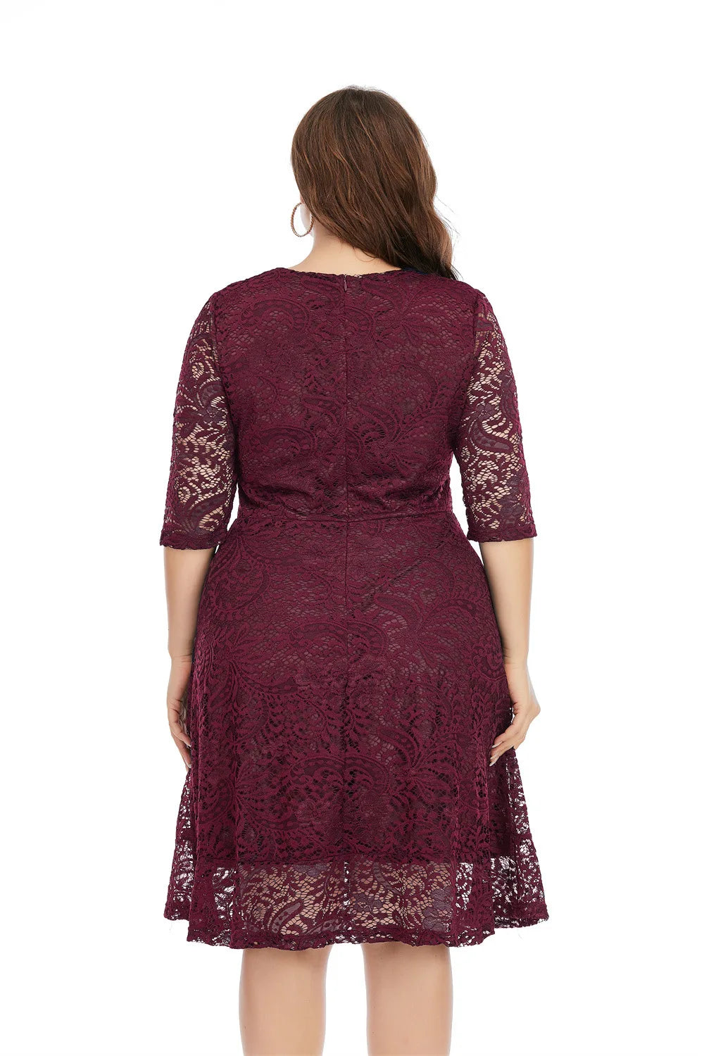 Plus Size Contrast Lace Semi Sheer 3/4 Sleeve Midi Dress, Women&