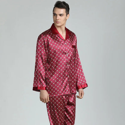 High Quality Satin Pajamas Suit Men Spring Summer Printed Ice Silk Pyjamas  Long Sleeve Plus Size Home Clothes Sleepwear Male