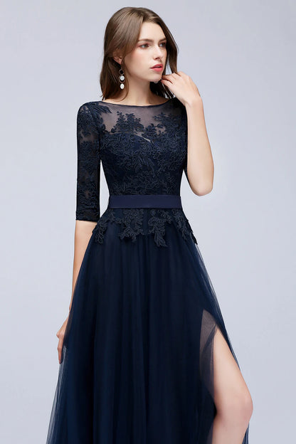 Lace Scoop Neckline Evening Dresses Elegant Half Sleeve Appliques Tulle Formal Party Floor-length Backless With Belt Robe De