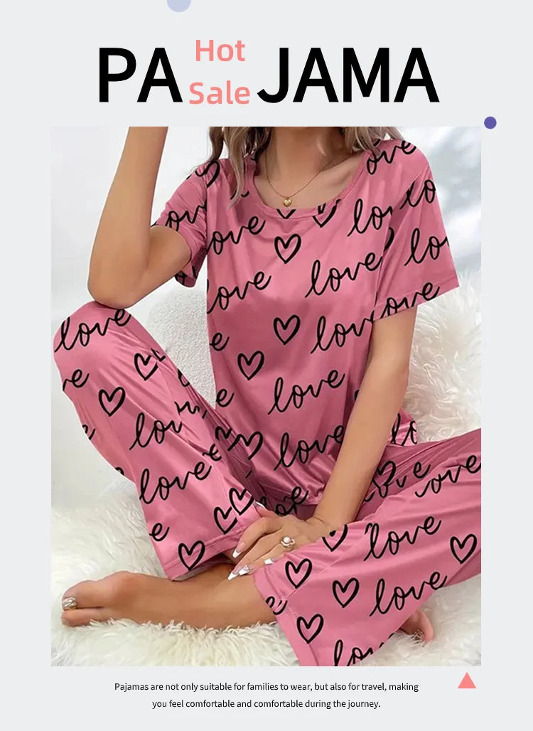 Summer Pijama Women Letter Print Pajamas Set Short Sleeve Crew Neck Tops Elastic Waistband Pants Women&