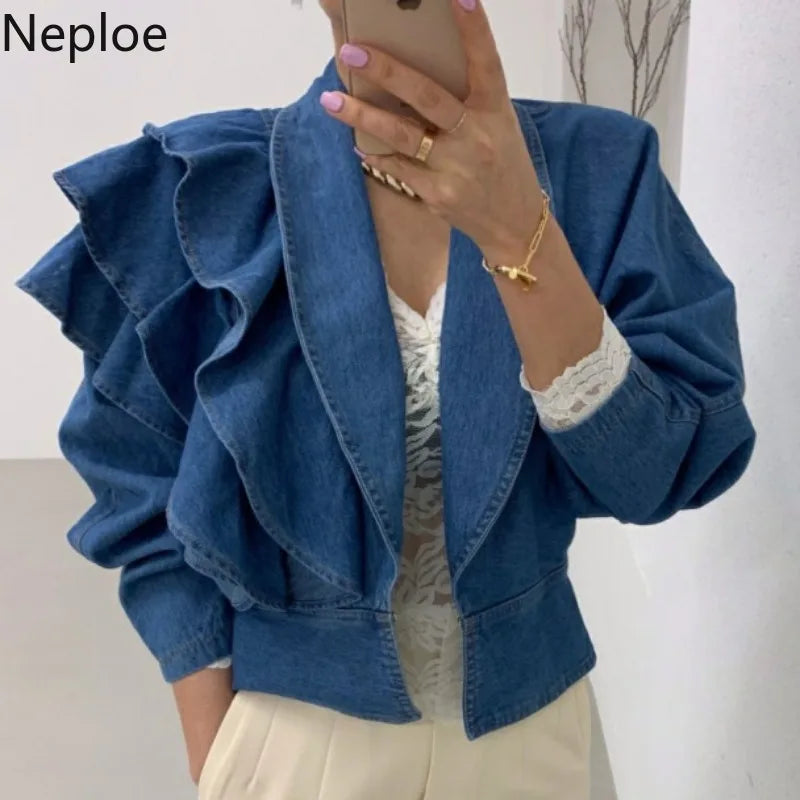 Neploe Fall 2023 Women Clothing Cropped Denim Jacket Vintage Turn-down Collar Puff Sleeve Ruffles Crop Tops Korean Jean Coat