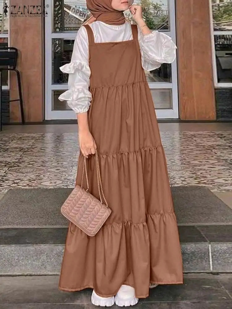 2023 ZANZEA Elegant Muslim Women Straps Dress Turkey Abaya Hijab Maxi Long Dresses Autumn Solid Ruffles Vestidos Sundress Robes