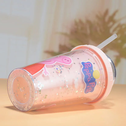 Anime Figures Peppa Pig Water Bottle Double-Layer Plastic Cup with Straw Portable Sports Mug Girl Birthday Party Decoration Kids