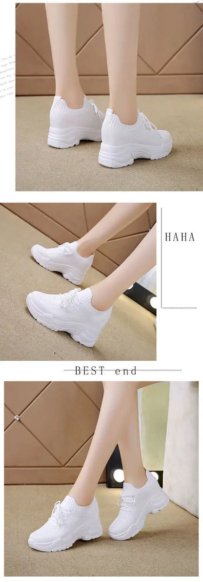 Hidden Heels White Women Spring Breathable Mesh Casual Platform Sneakers Surface Shoes 2023 New Thick Bottom Footwear Round Head