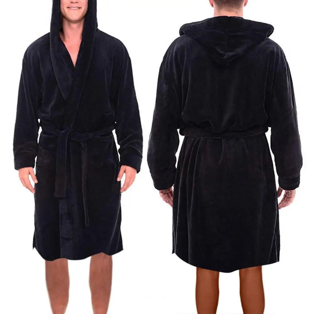 Long Sleeve Pocket Belt Solid Color Men Bathrobe Winter Warm Hooded Long Fleece Home Gown Sleepwear