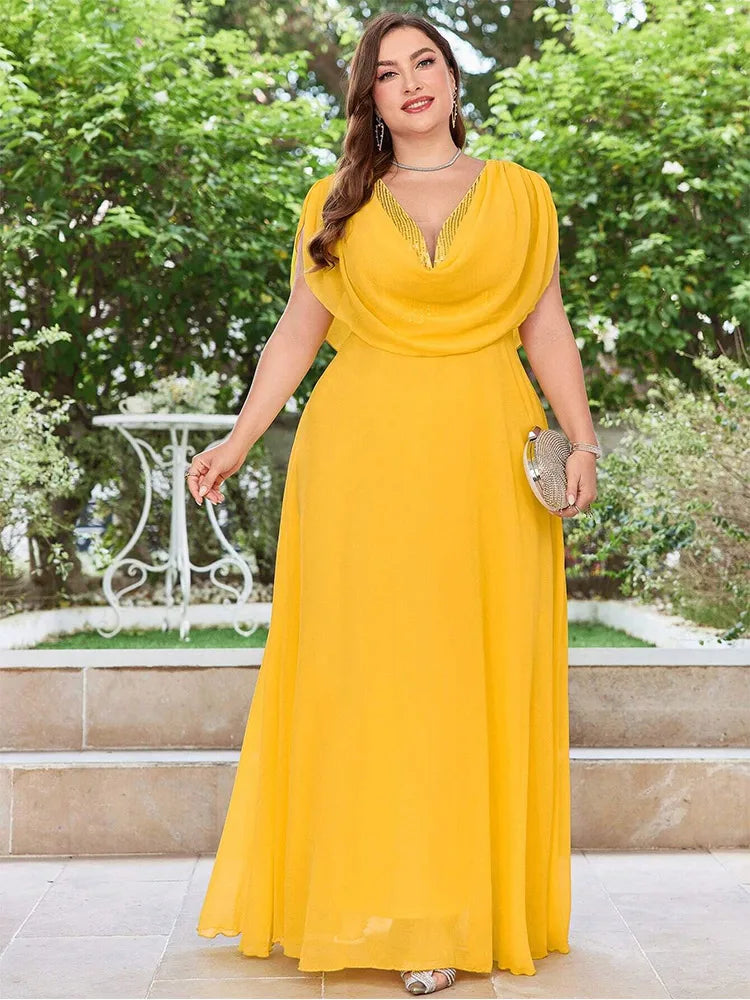 Plus Size V Neck Chiffon Yellow Floor Floor Bridesmaid Luxury Dress 4XL 5XL Big Size Shiny Chiffon Banquet Evening Dress Women