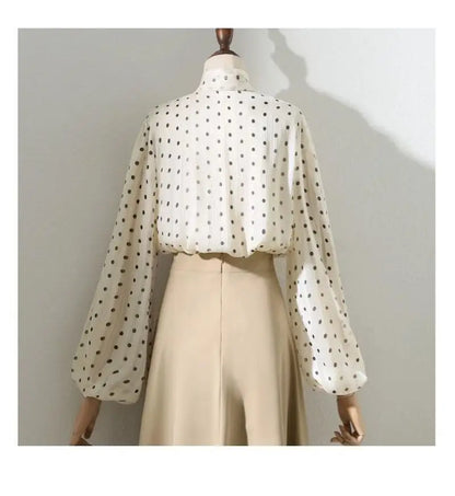 Beige Polka Dot Bow Neck Elegant Chiffon Long Sleeve Loose Women&