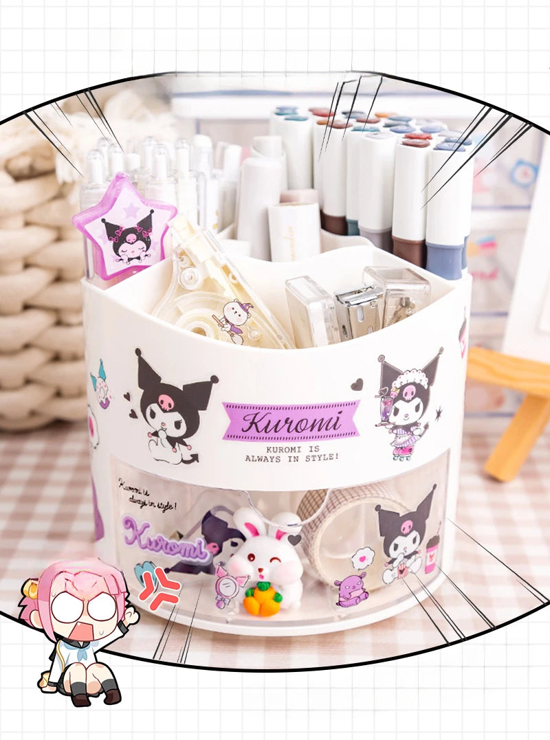 Miniso Sanrio Rotating Pen Holder Storage Box Desk Organizer &amp; Kawaii Sanrio Cinnamoroll Stickers Cute Stationery Storage Girls