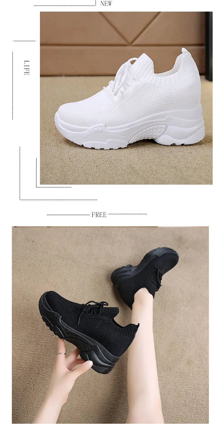 Hidden Heels White Women Spring Breathable Mesh Casual Platform Sneakers Surface Shoes 2023 New Thick Bottom Footwear Round Head