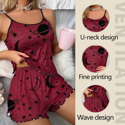 2 PCS Women Pajamas Sleepwear Pajama Set Short-Sleeved Shorts Suit S M L Red Star And Moon Print Cute Ventilate Comfort Fashion