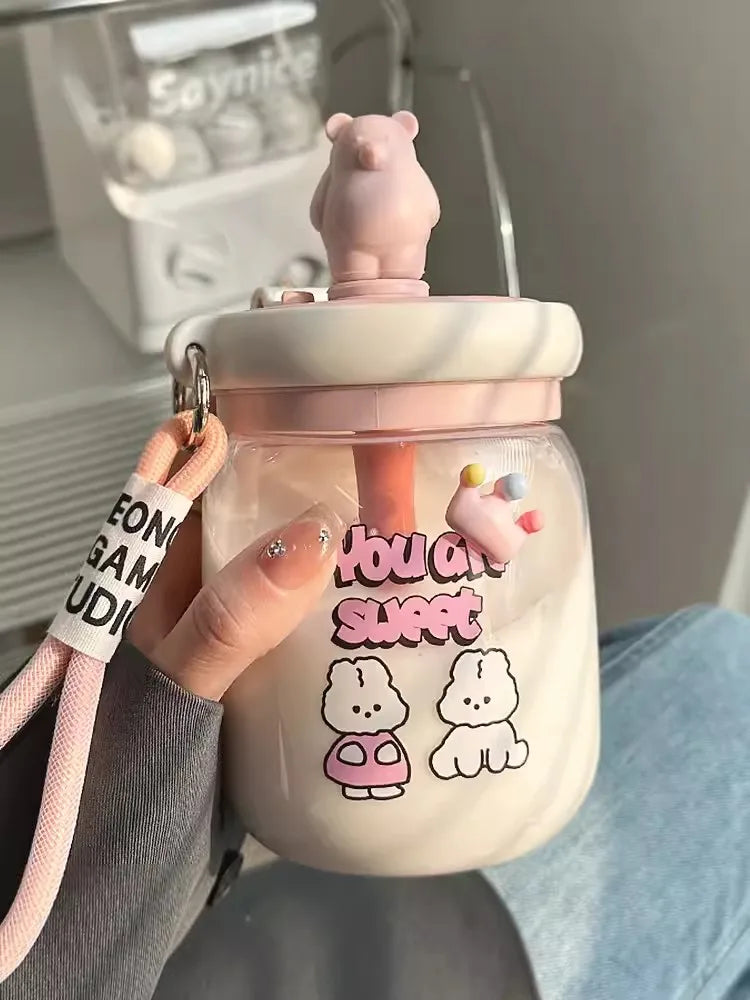 Kawaii Jumbo Boba Water Bottle With Straw For Girls Kids Large Capacity Cute Stirring Cup Portable Dual Drinking Plastic Cups