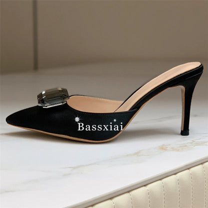 2024 Big Rhinestone Buckle Decor Women Sandals 8cm Thin High Heel Sexy Pointed Toe Luxury Satin Slingbacks Summer Mules