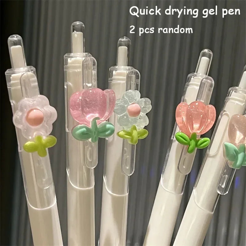 2 Pcs Cute Pens Kawaii Flower Gel Pen Quick-Drying Black Ink Aesthetic Stationery Supplies School Pens Random Color Stationary