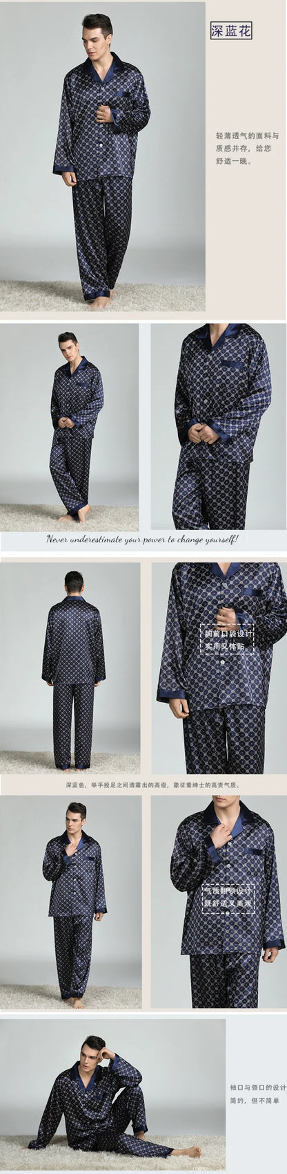 High Quality Satin Pajamas Suit Men Spring Summer Printed Ice Silk Pyjamas  Long Sleeve Plus Size Home Clothes Sleepwear Male