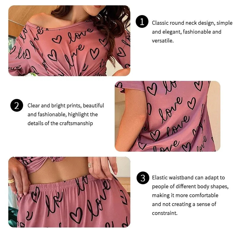 Summer Pijama Women Letter Print Pajamas Set Short Sleeve Crew Neck Tops Elastic Waistband Pants Women&