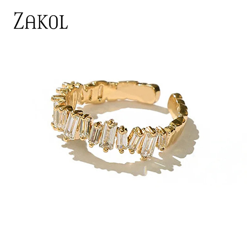 ZAKOL Korean Zircon Gold Color Open Rings for Women Rectangle Index Finger Ring Wedding Party Girl Sexy Jewelry