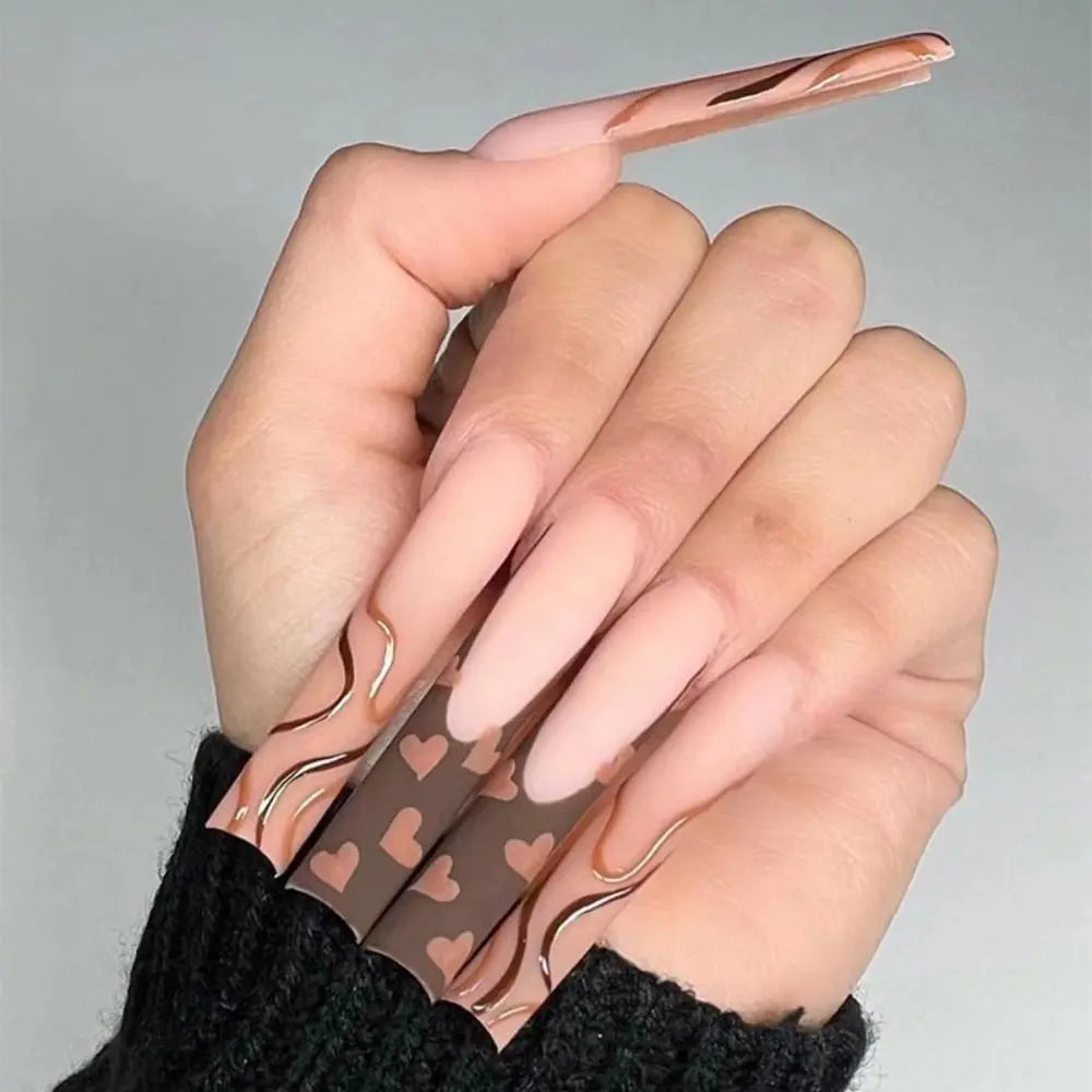 24pcs Super Long Water Pipe Nail French Fake Nails Brown Wavy Love Heart False Nails Sweet Heart Press on Nails