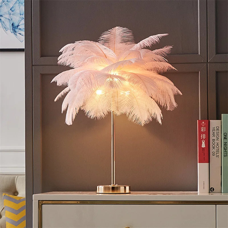 Nordic Luxury Feather LED Desk Light Home Decor Table Lamp Ostrich Feather Indoor Decor Stand Light Kid Study Night Light