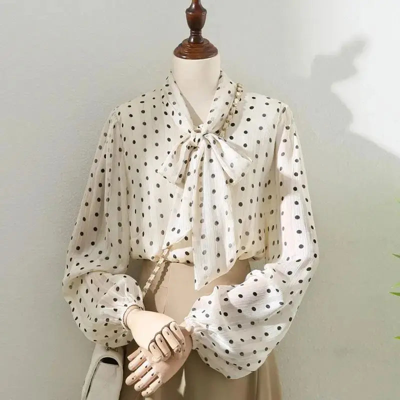 Beige Polka Dot Bow Neck Elegant Chiffon Long Sleeve Loose Women&