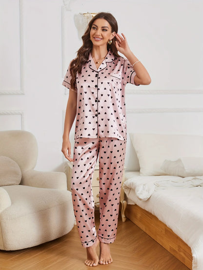 Heart Print Satin Pajama Set Casual Short Sleeve Buttons Lapel Top &amp; Elastic Pants Women&