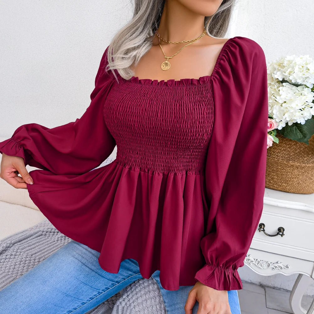 Women Chiffon Blouse 2023 Long Sleeve Casual Ruffles Peplum Top White Red Green Blue Black