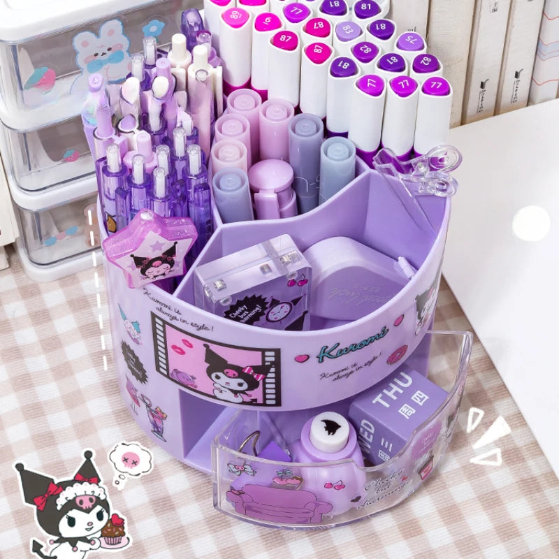 Miniso Sanrio Rotating Pen Holder Storage Box Desk Organizer &amp; Kawaii Sanrio Cinnamoroll Stickers Cute Stationery Storage Girls