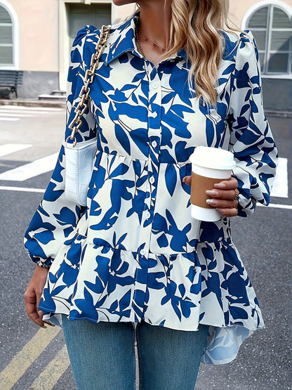 Plus Size Floral Print Blouse, Casual Button Front Long Sleeve Blouse For Spring, Women&