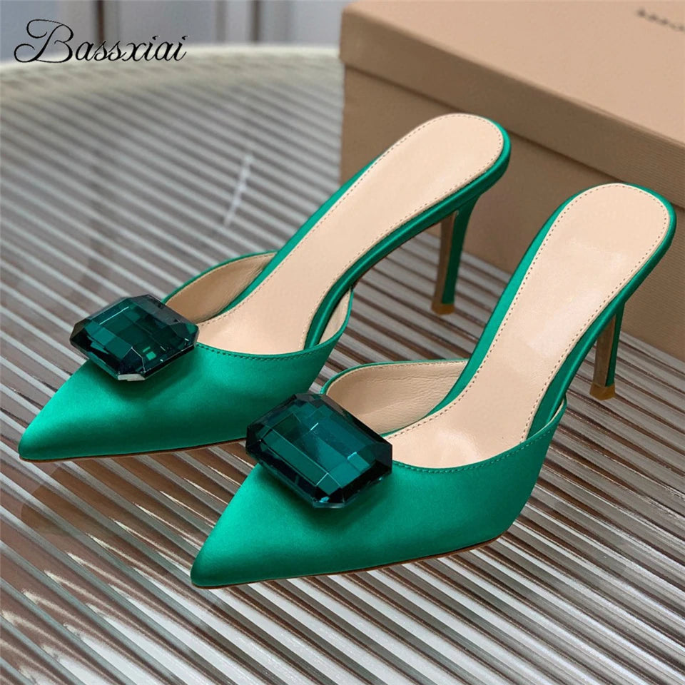 2024 Big Rhinestone Buckle Decor Women Sandals 8cm Thin High Heel Sexy Pointed Toe Luxury Satin Slingbacks Summer Mules