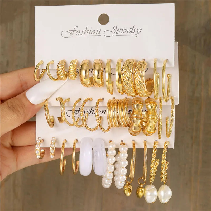 Modyle Gold Color Vintage Geometry Pearl Earrings Set Metal Twists Dangle Earrings Round for Women Simple Trendy Party Jewelry