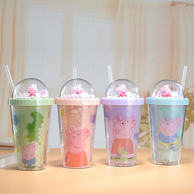 Anime Figures Peppa Pig Water Bottle Double-Layer Plastic Cup with Straw Portable Sports Mug Girl Birthday Party Decoration Kids