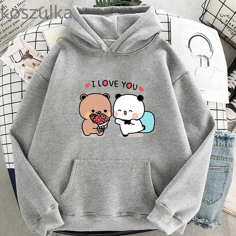 Panda Bear Cartoon Bubu And Dudu Kawaii Print Hooded Men Women Couple Hoodies Plus Size Pullover Harajuku Unisex Sweatshirt